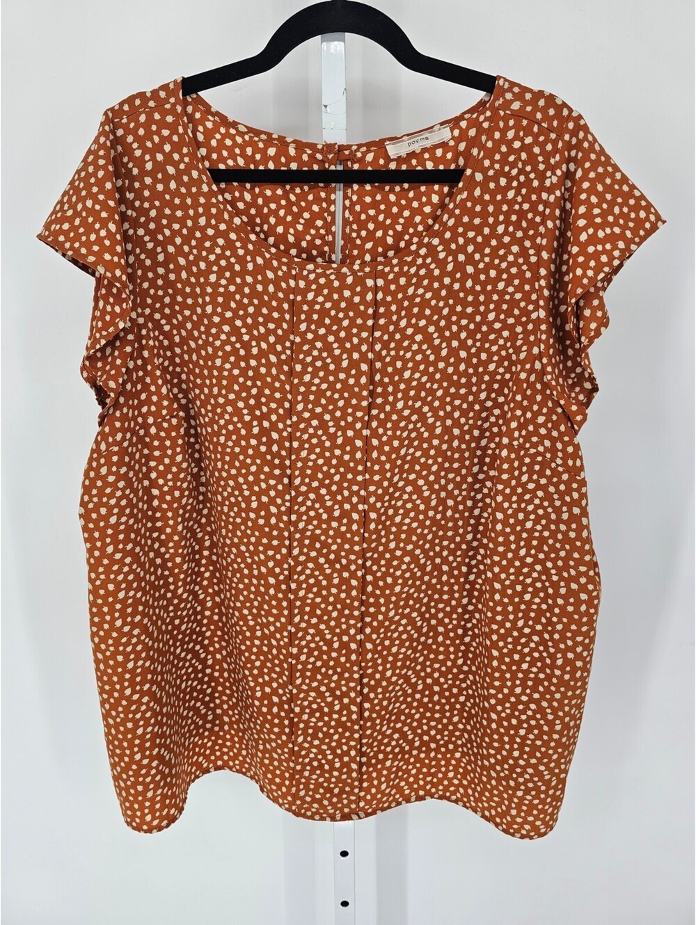 Poema Womens Sz XLL Short Flutter Sleeve Blouse Brown Cream Dot Print
